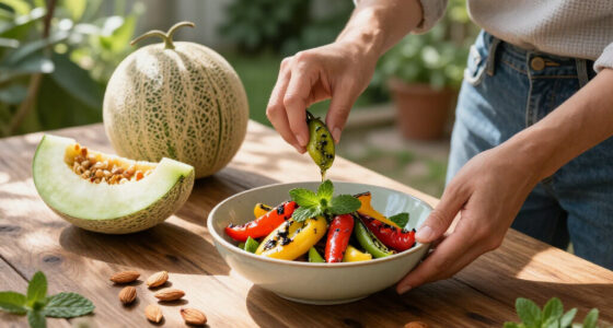 Friggitelli Saltati Al Salmoriglio Di Menta, Melone E Mandorle Tostate